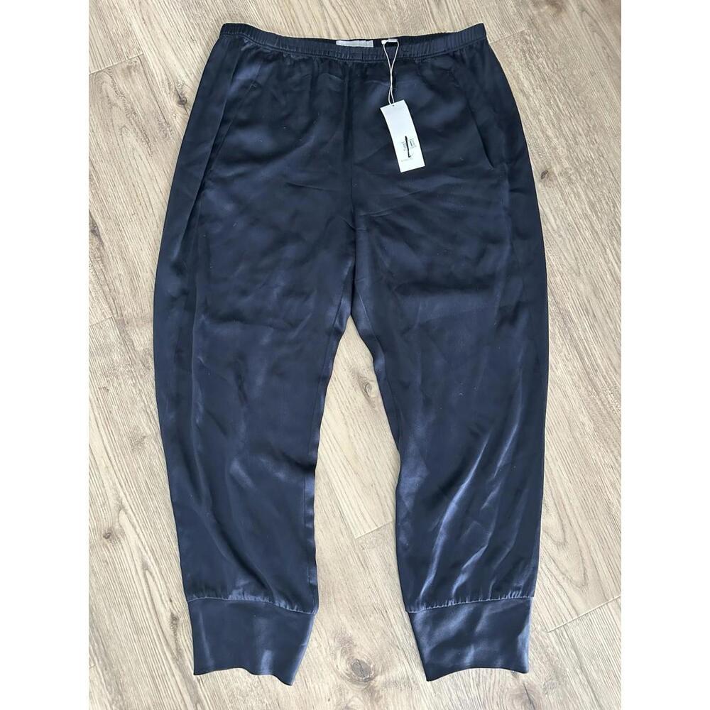 Vince 100% Silk Large Navy Blue Jogger Pants Lightweight Elastic Ankle Waist - Picture 2 of 6